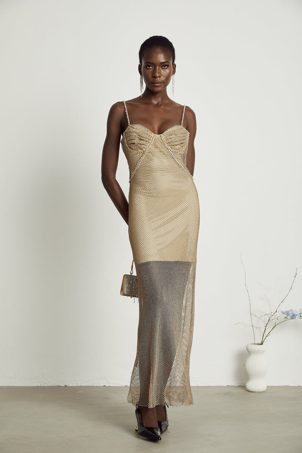 Delphine kristal midi elbise