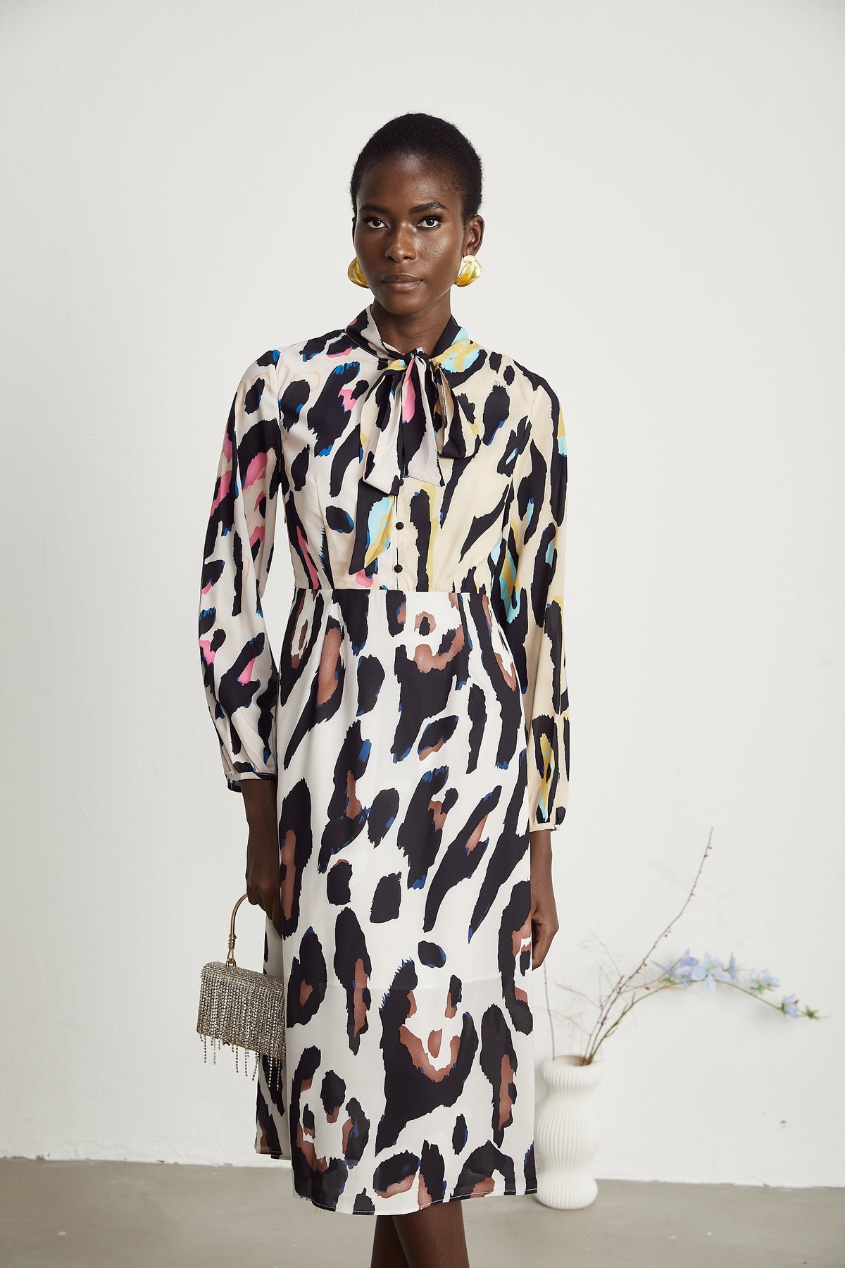 Kalena leopar midi elbise