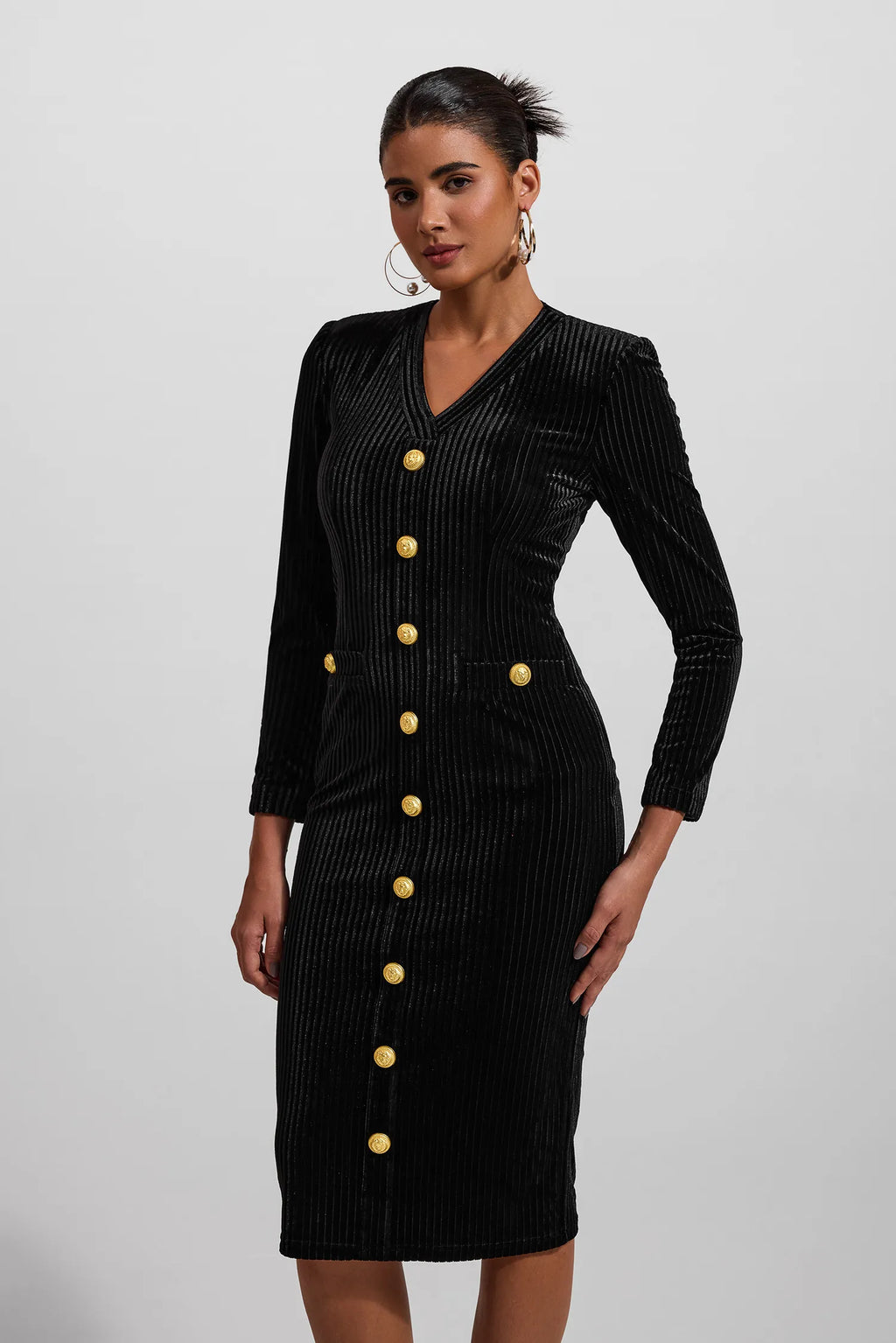 Kadife V Yaka Metal Düğmeli Midi Elbise