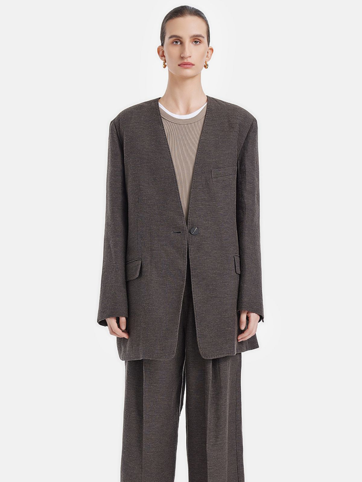 Dokulu Kuşaklı Yakasız Blazer