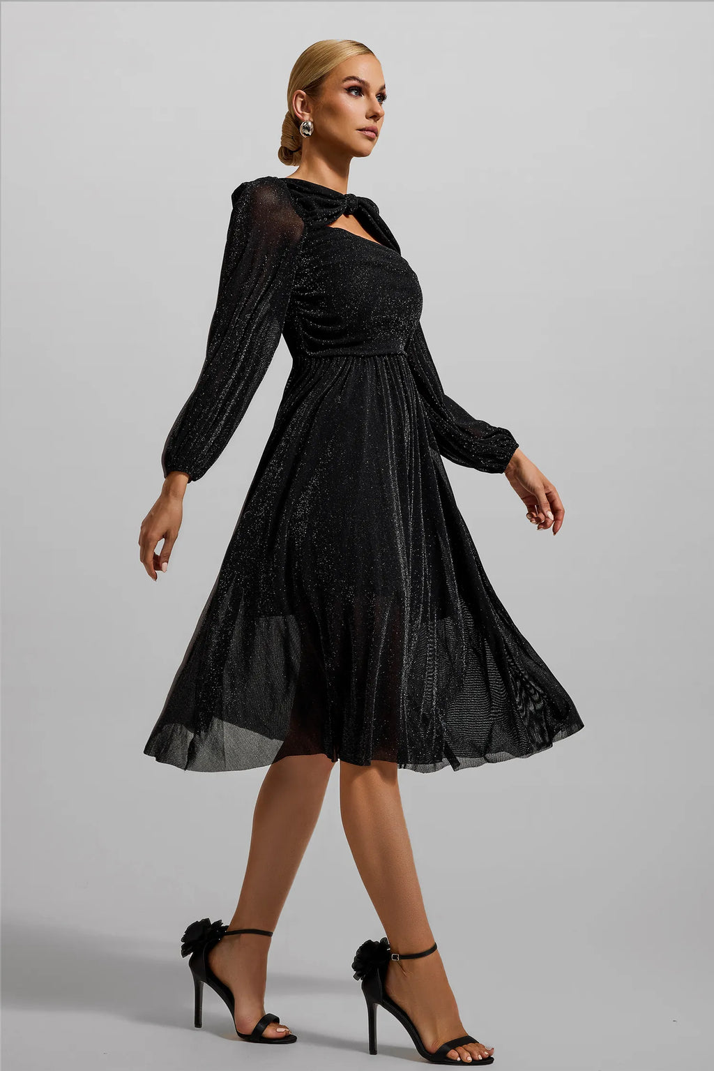 Düğümlü Dantelli Fener Kol Midi Elbise