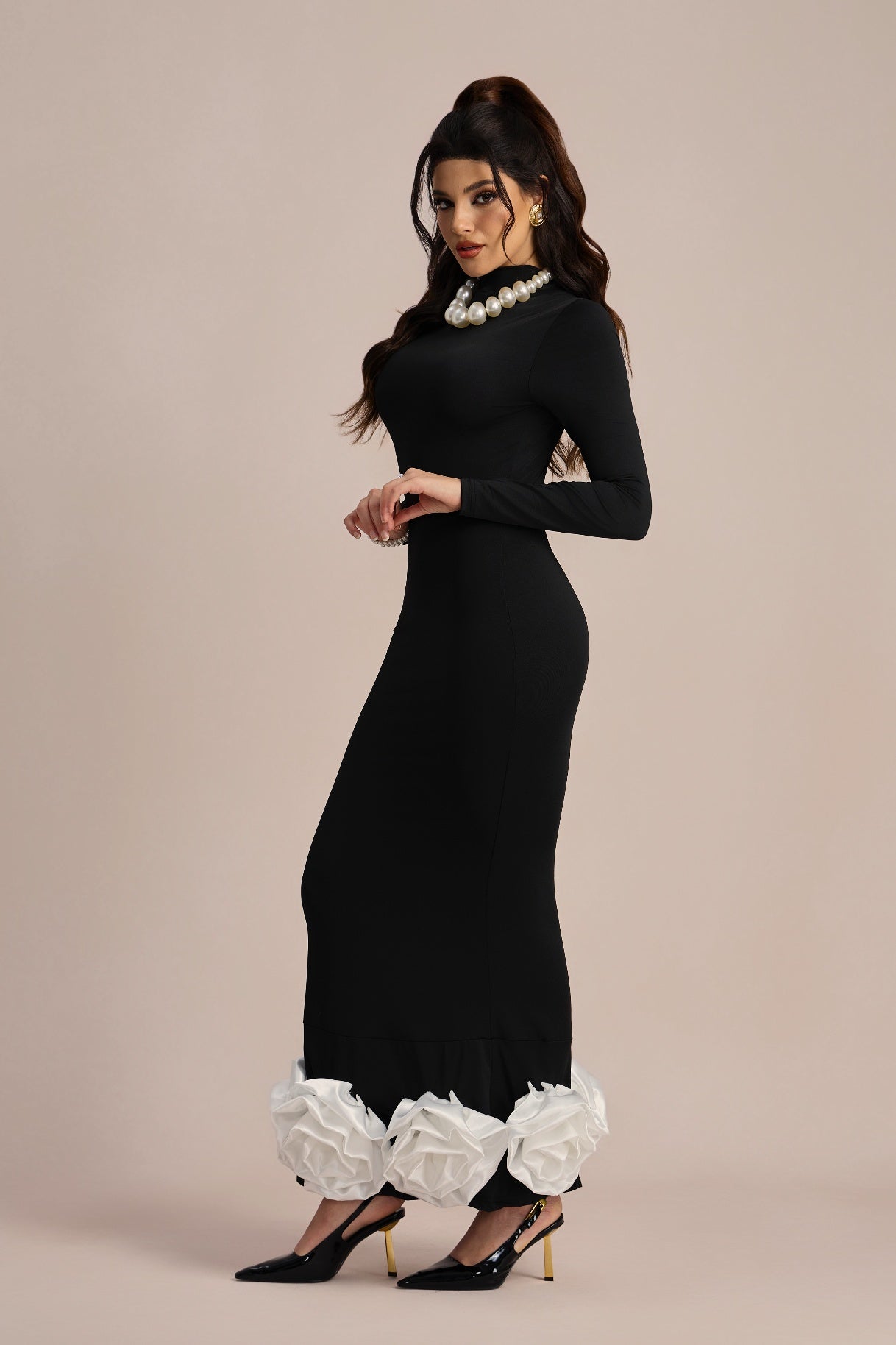 Heloise Uzun Kollu Çiçek Aplikeli Maxi Elbise