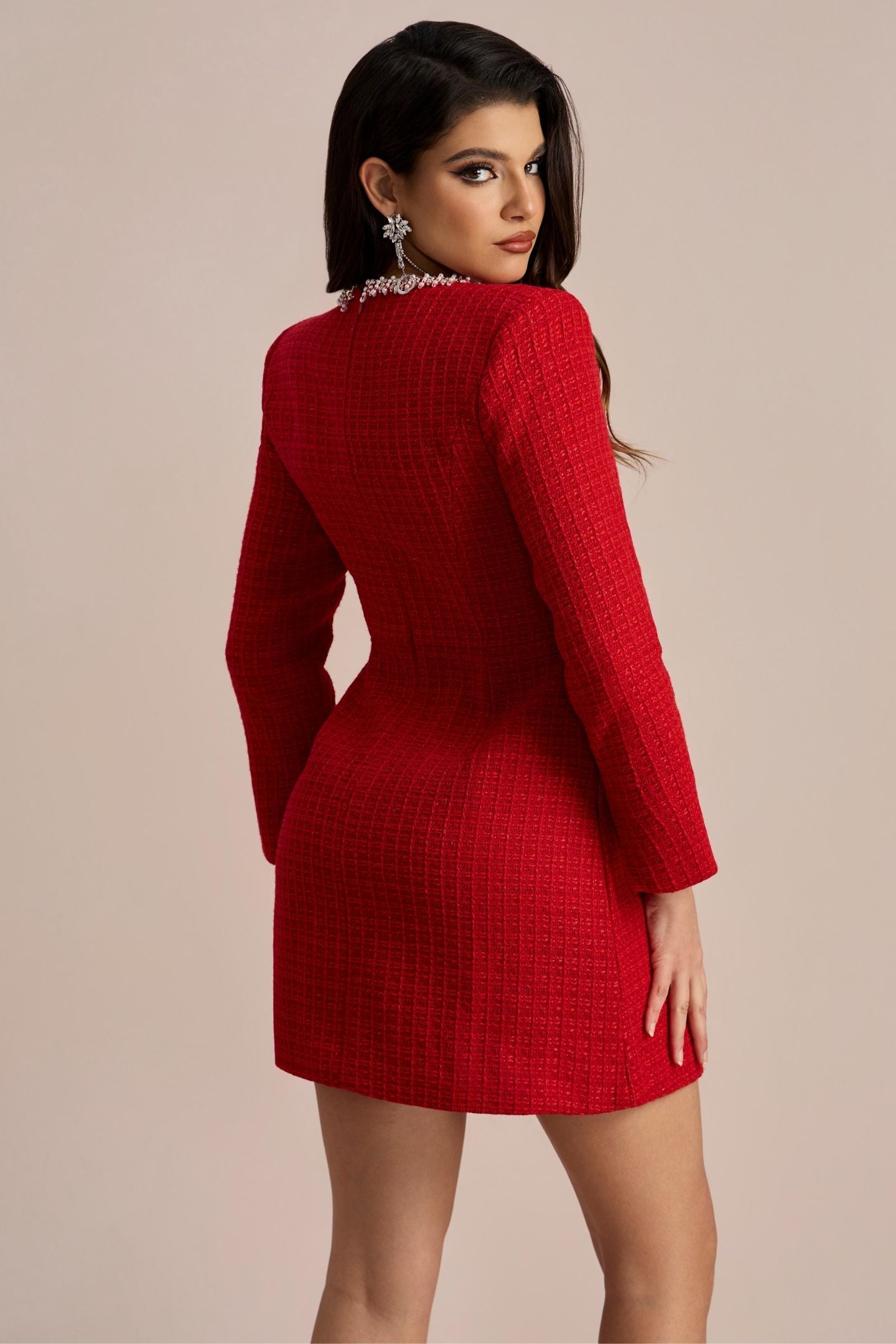 Camilla Kare Yaka Tüvit Mini Elbise