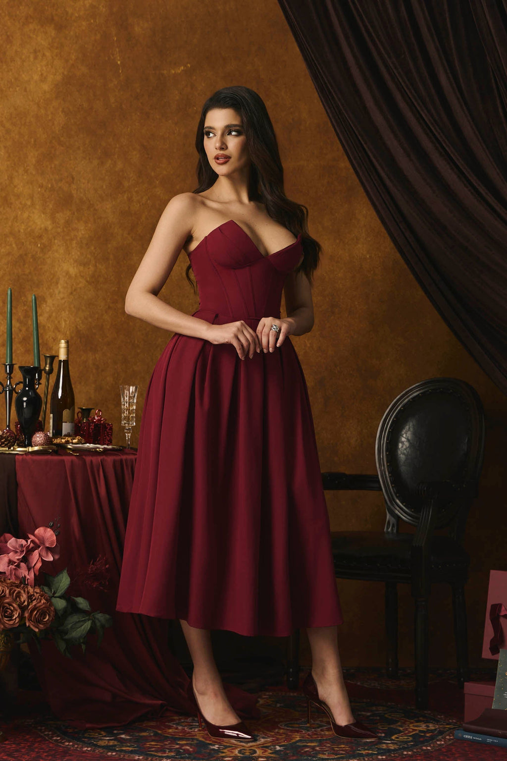 Marina Straplez Korse Midi Elbise