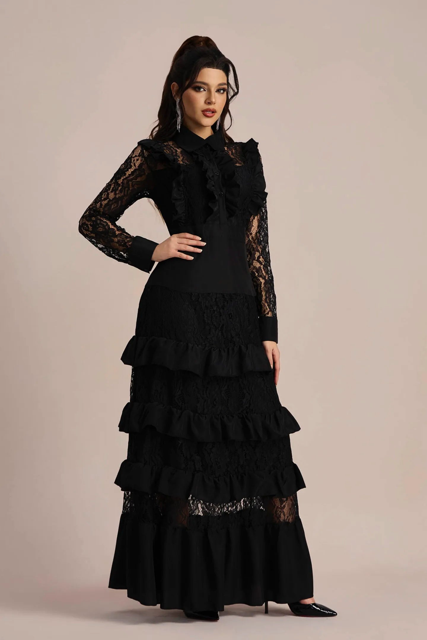 Martina Uzun Kollu Katlı Maxi Dantel Elbise