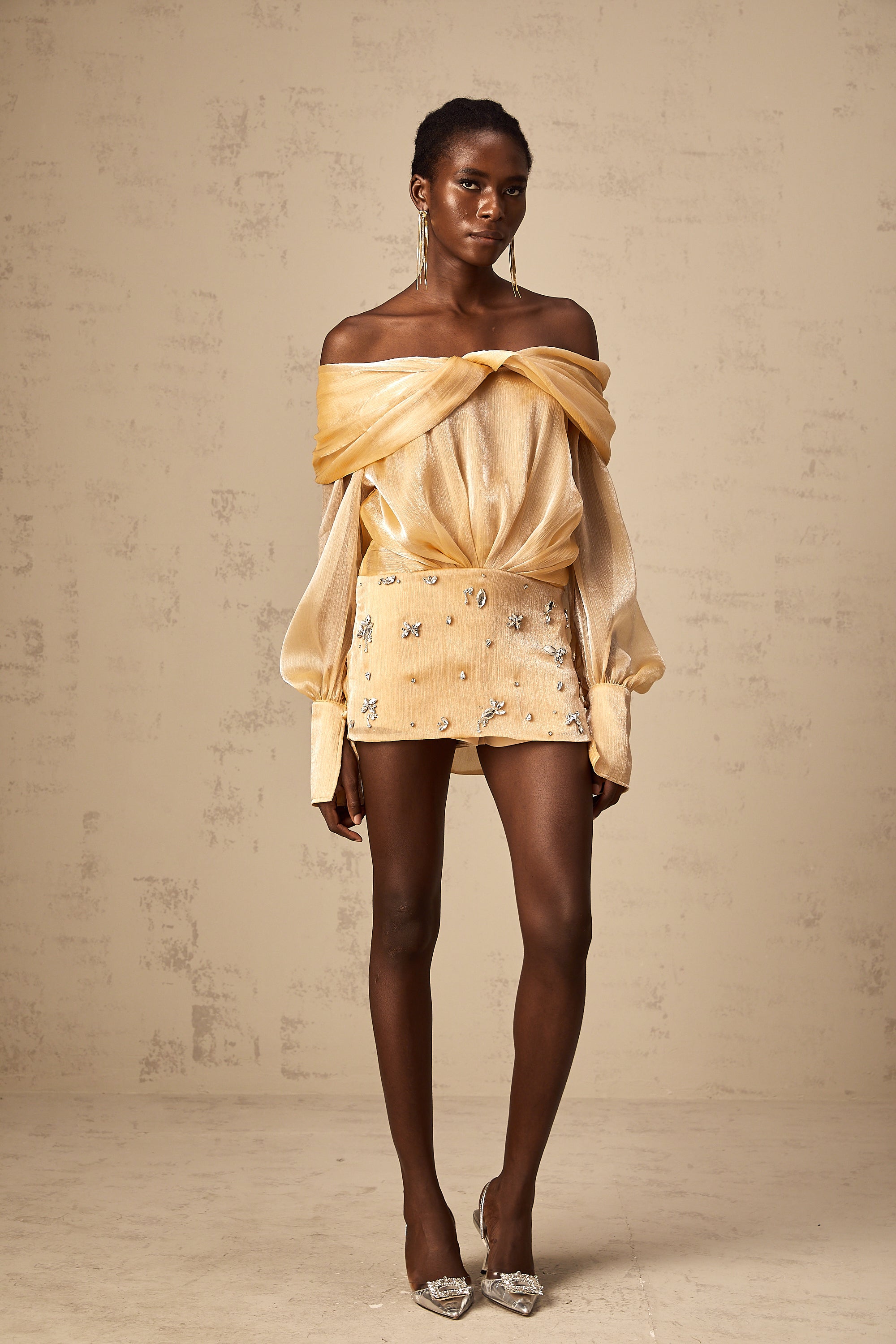 Adelina Altın Kristal Süslemeli Panelli Mini Elbise