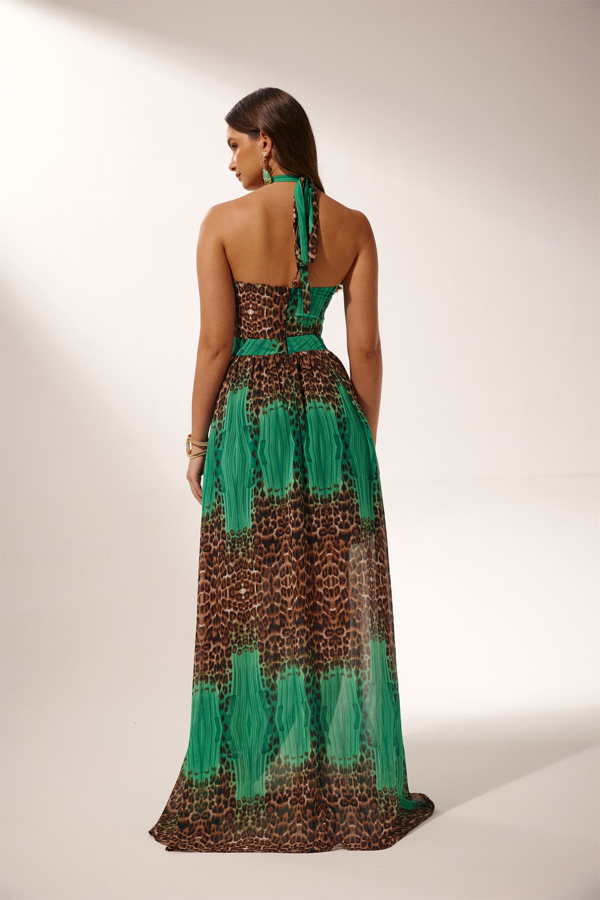 Virginia Boyundan Bağlı Leopar Baskılı Uzun Elbise