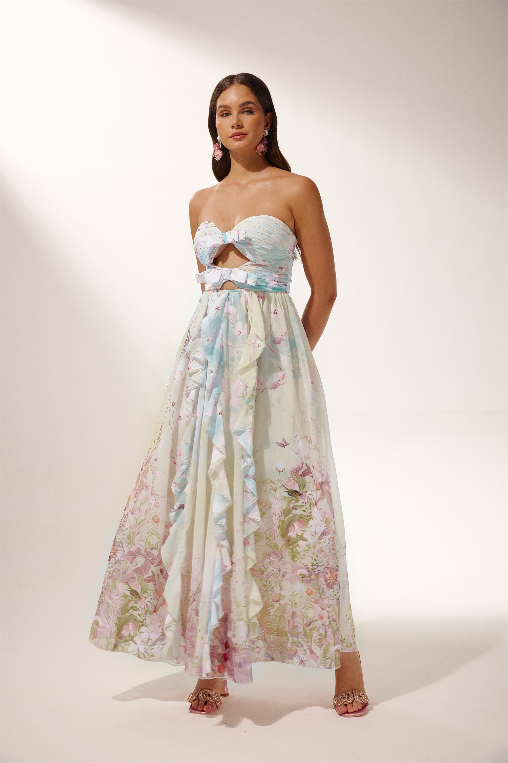 Octavia Baskılı Cut-Out Fırfırlı Maxi Elbise