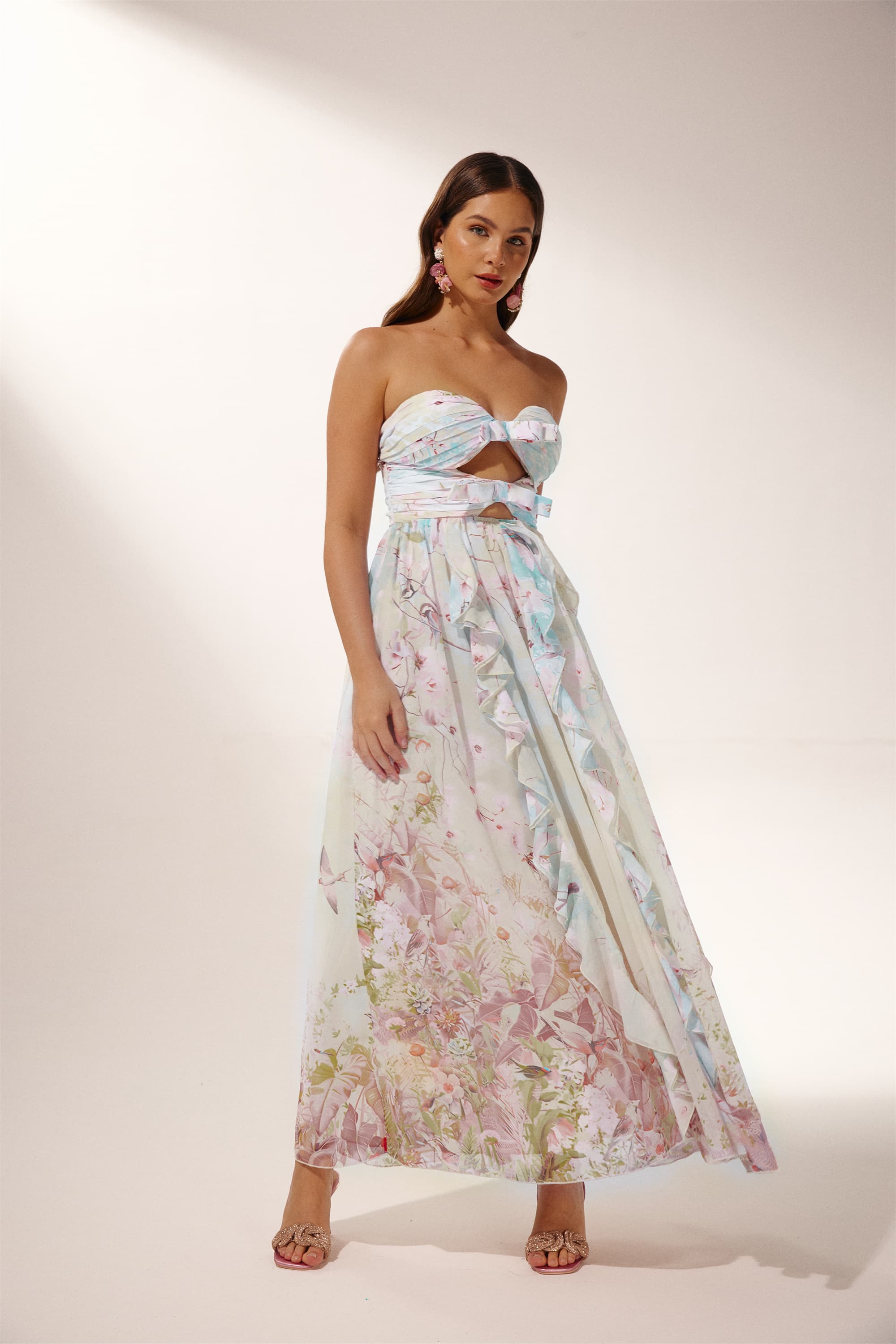 Octavia Baskılı Cut-Out Fırfırlı Maxi Elbise