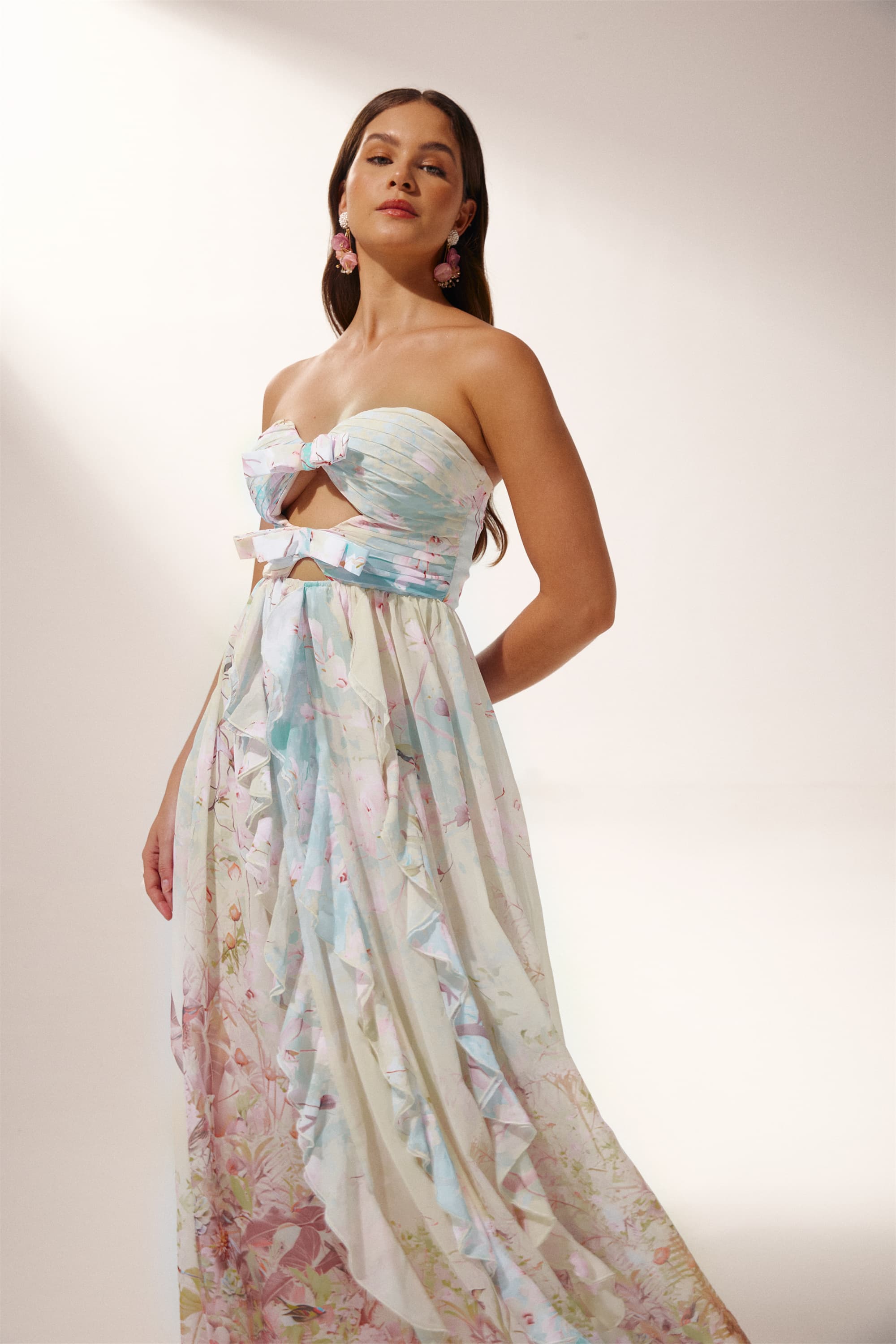 Octavia Baskılı Cut-Out Fırfırlı Maxi Elbise