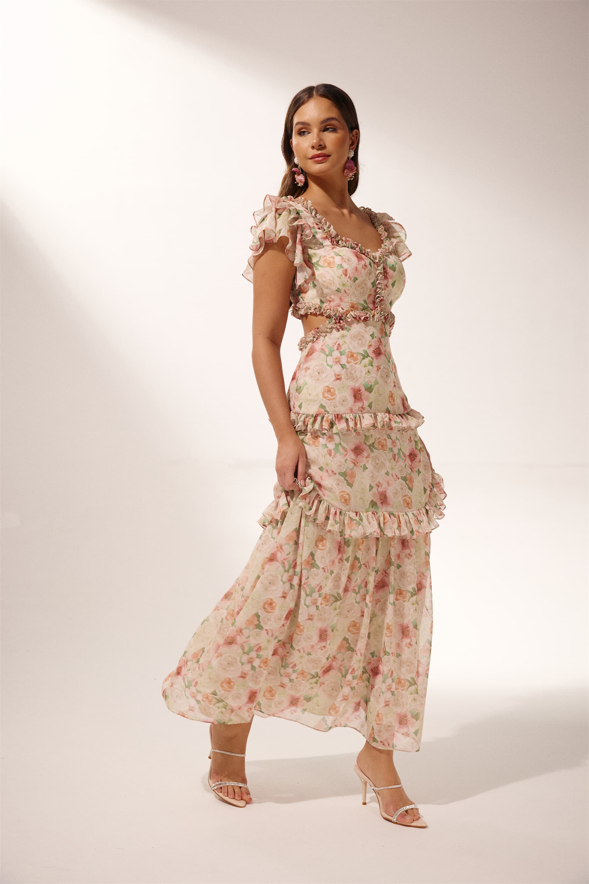 Agatha Baskılı Fırfırlı Cut-Out Midi Elbise