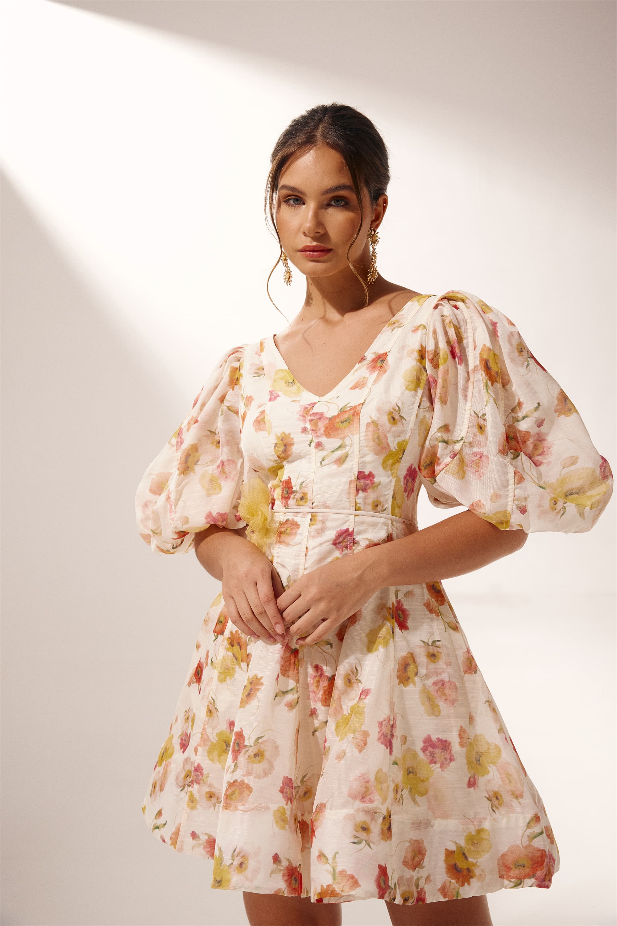 Veromca V Yaka Puf Kollu Mini Elbise