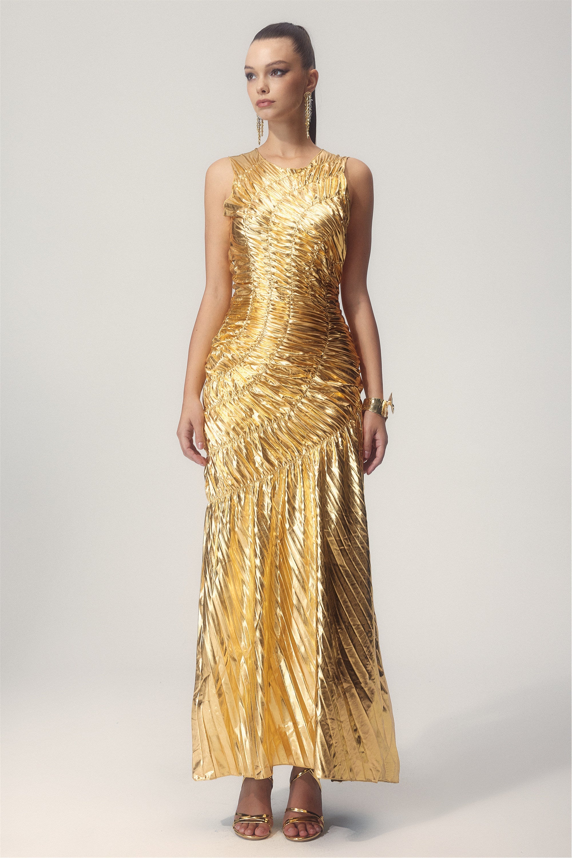 Silla Metalik Pileli Midi Elbise