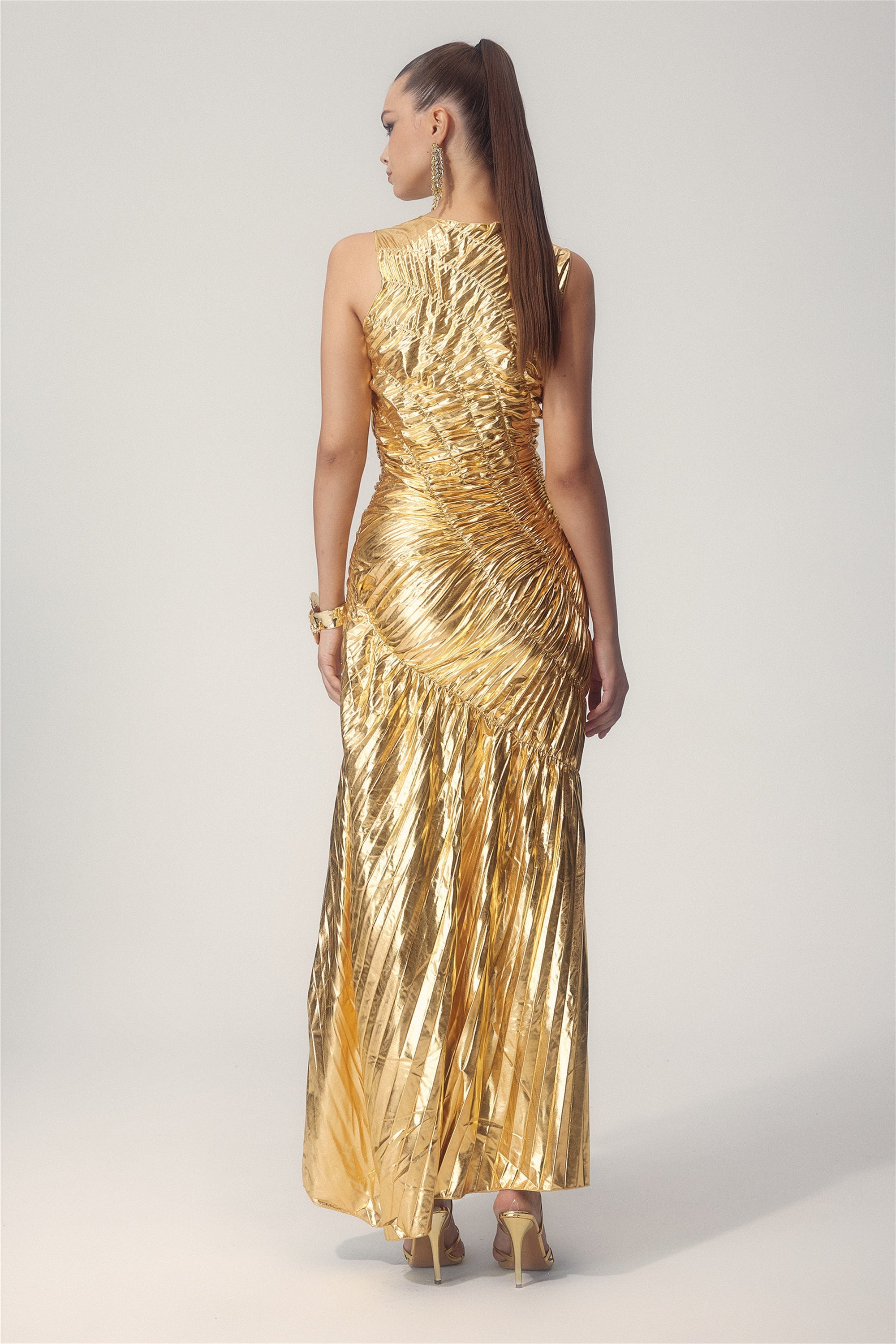 Silla Metalik Pileli Midi Elbise