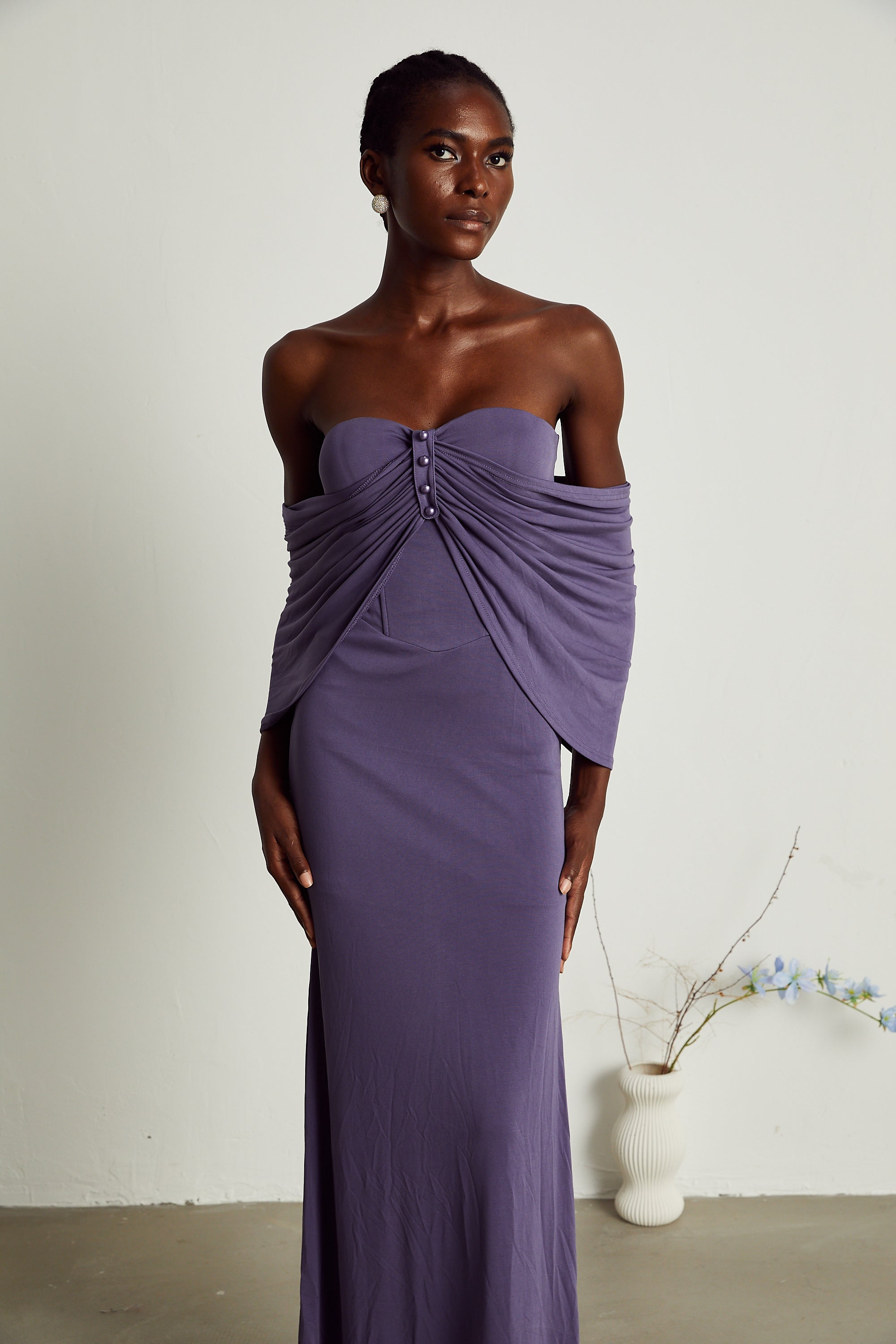 Delphine mor midi elbise