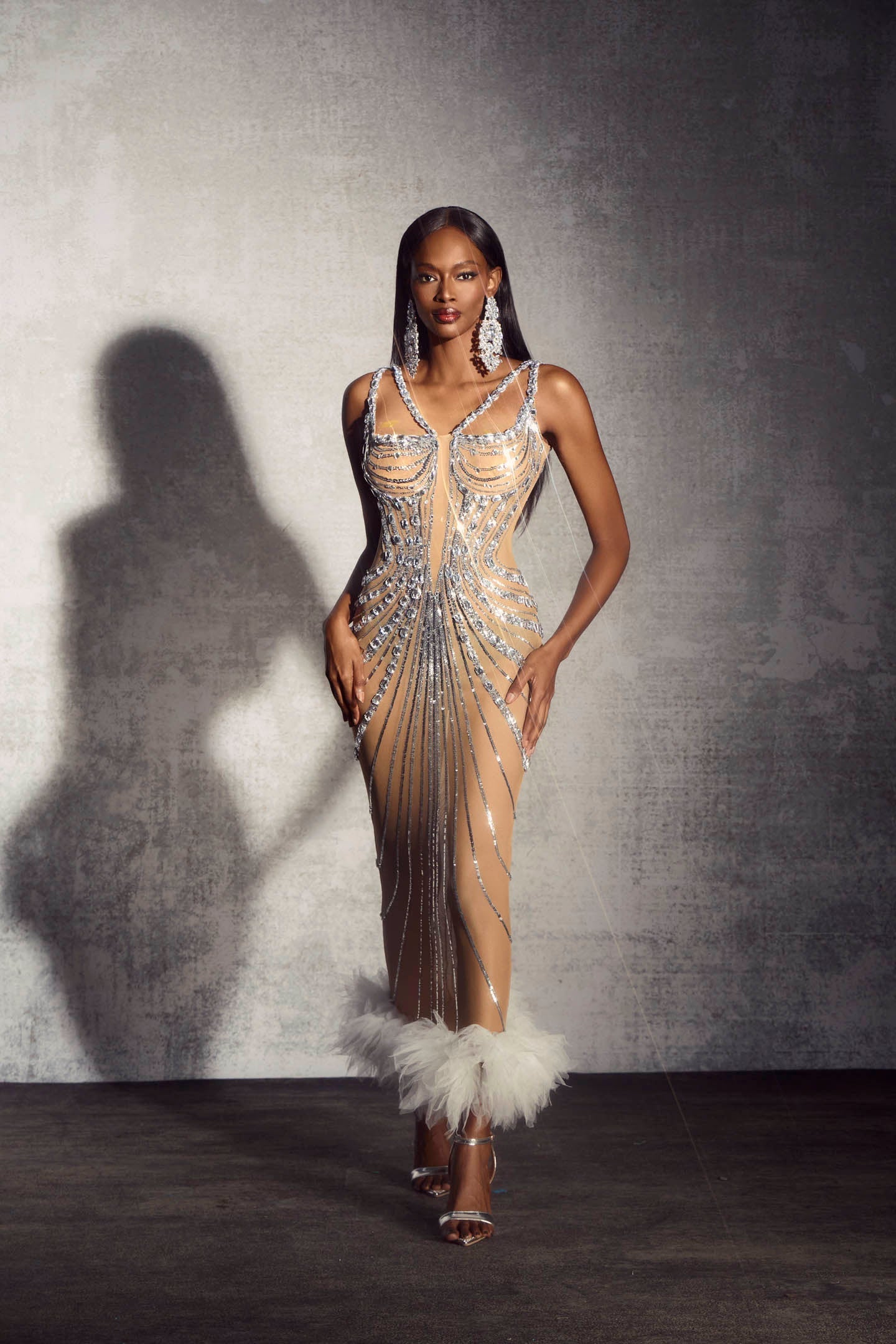 Lena Taşlı Taşlı Tüy Detaylı Maxi Elbise