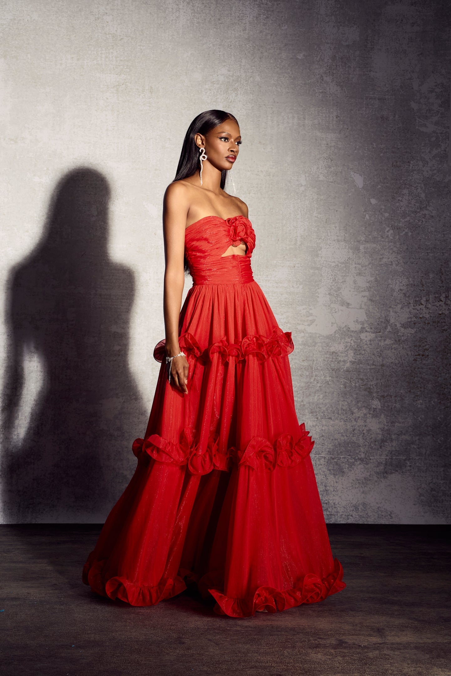 Erica Pileli Fırfırlı Metalik Şifon Maxi Elbise