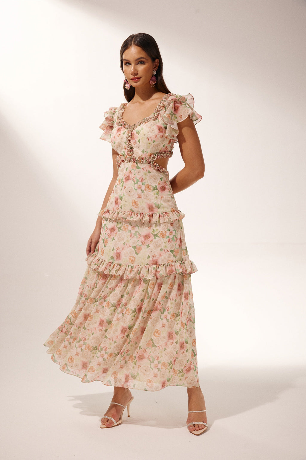 Agatha Baskılı Fırfırlı Cut-Out Midi Elbise