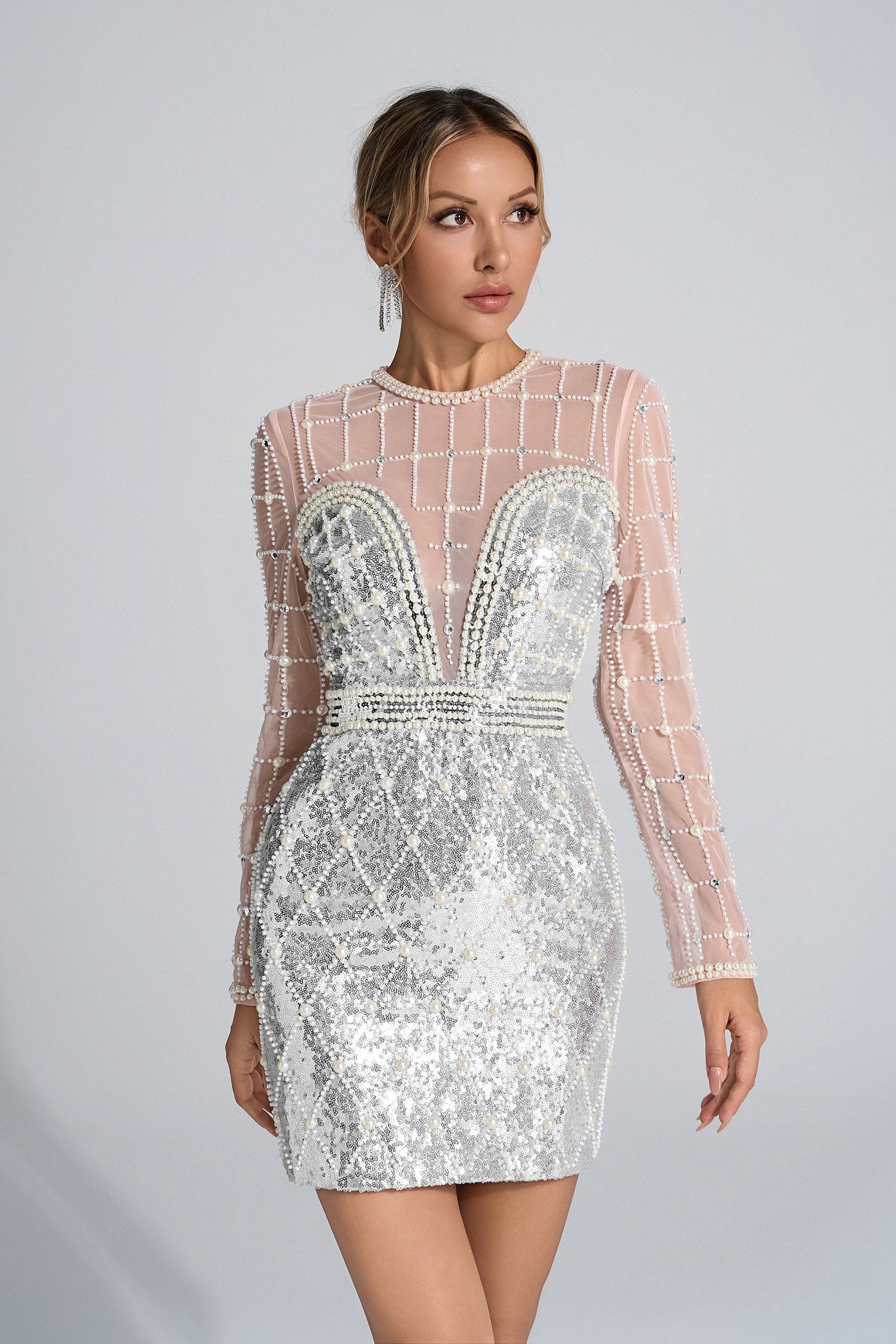 Ayleen Gümüş İnci Işıltılı Mini Etek