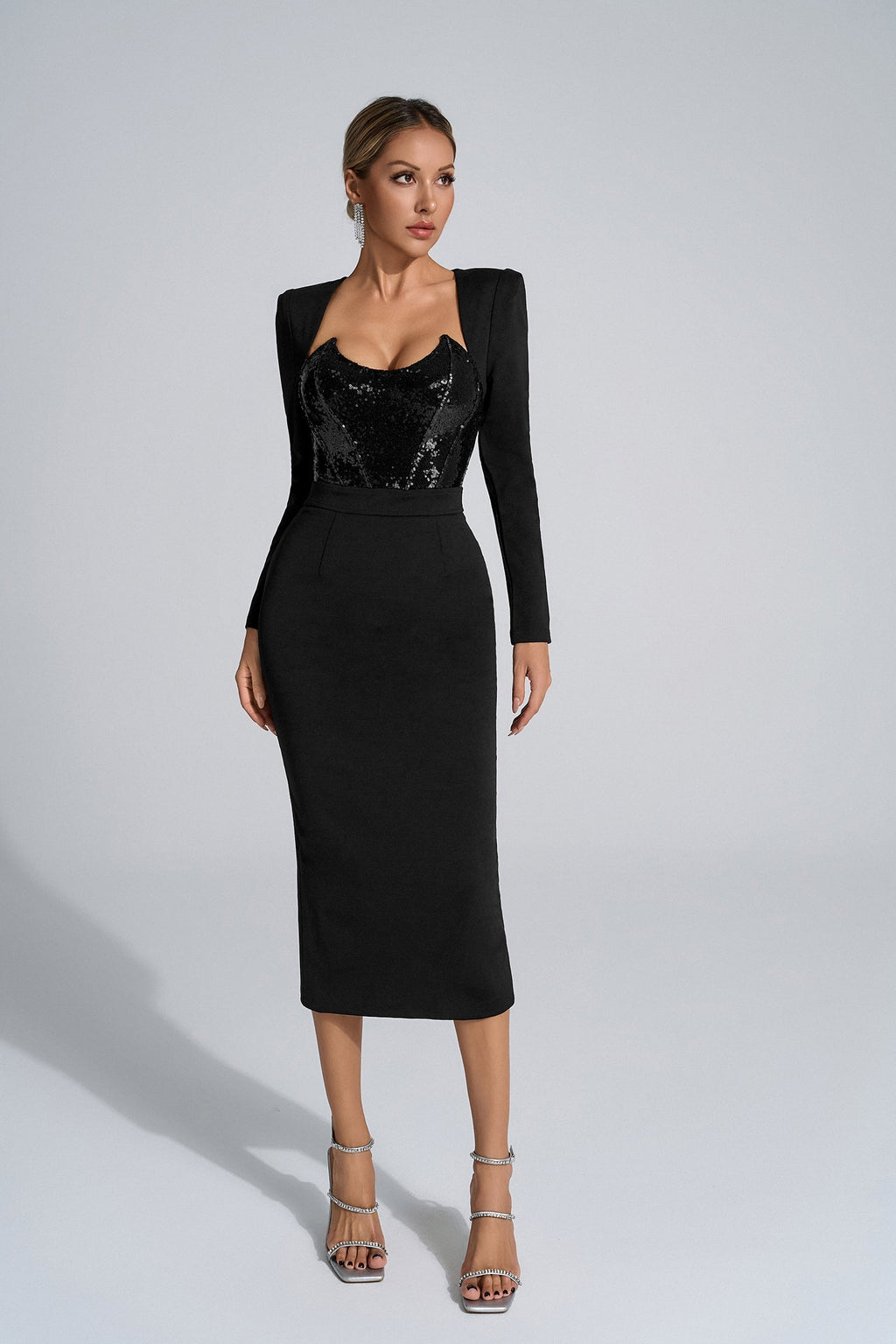 Aylin Siyah Payet Midi Elbise