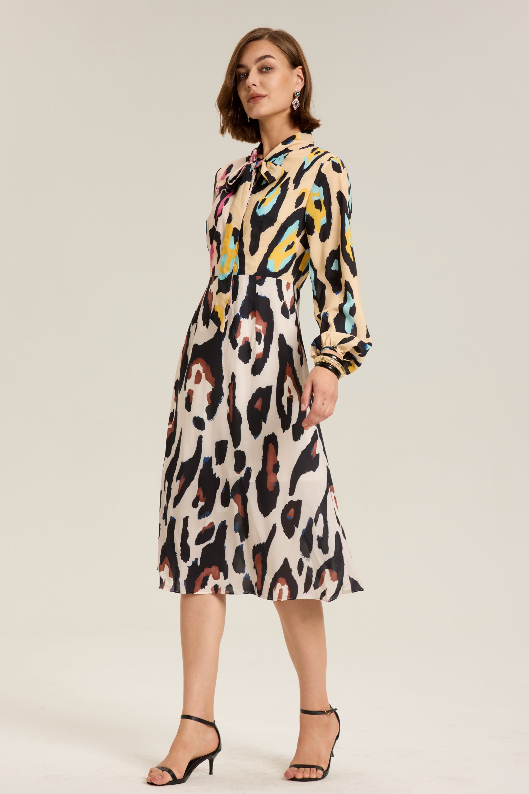 Monica Leopar Desenli Blok Renk Midi Elbise