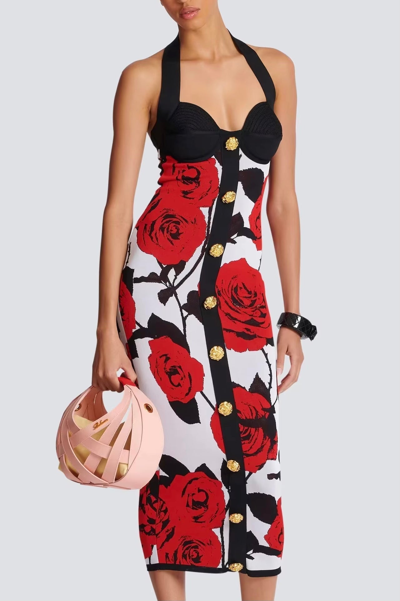 Boyundan Bağlamalı Büstiyer Çiçekli Midi Elbise