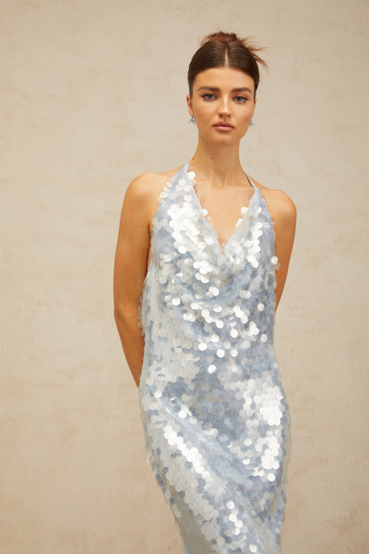 Babette Mavi Halter Yaka Payetli Midi Elbise