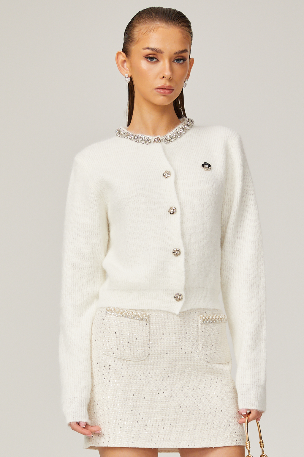 Désirée Beyaz İnci Süslemeli Örgü Hırka