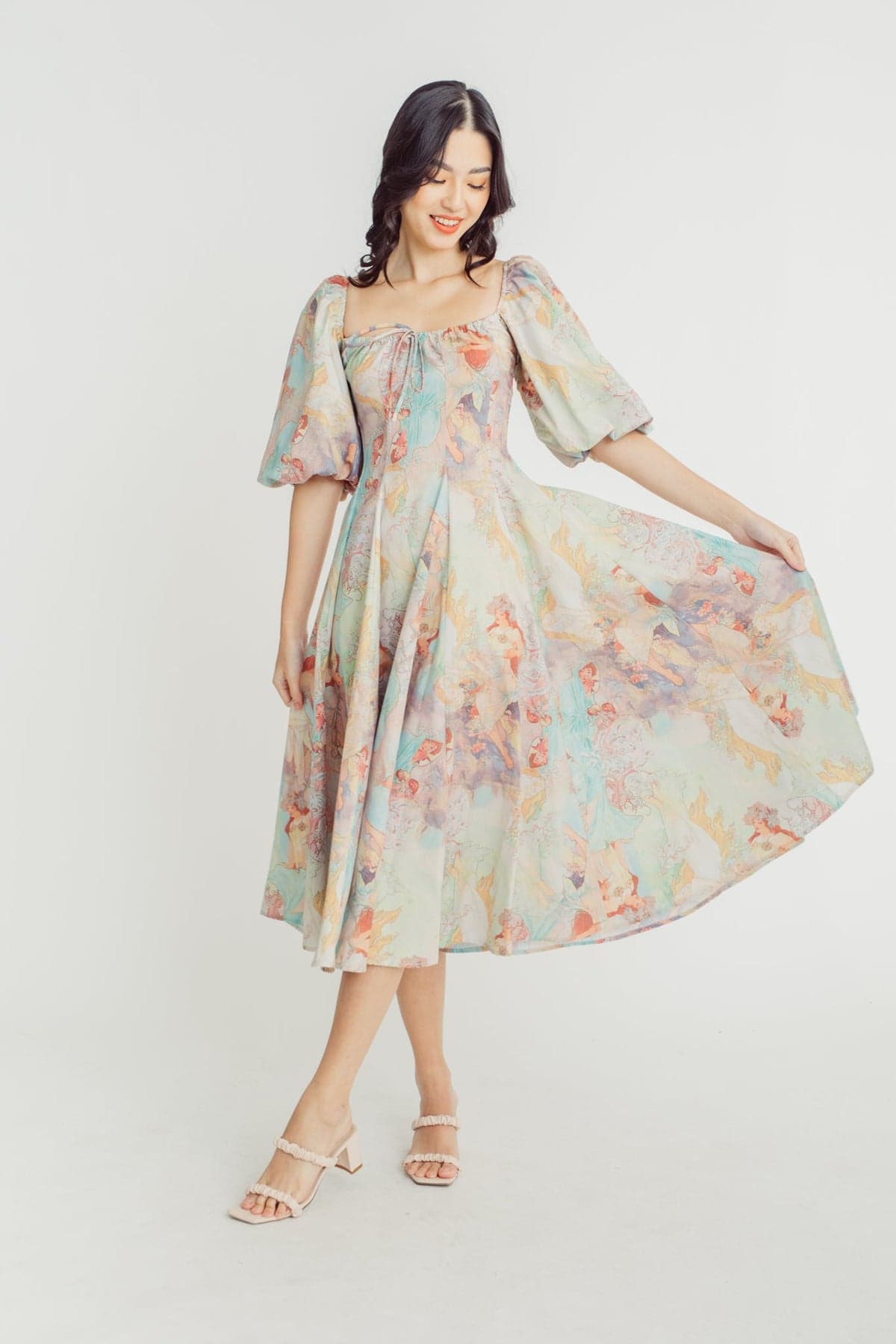 Joyce Baskılı Fener Kollu Midi Elbise