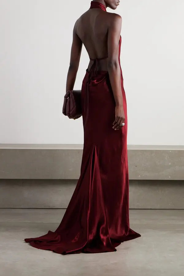 Agnes Boyundan Bağlamalı Sırtı Açık Uzun Saten Elbise