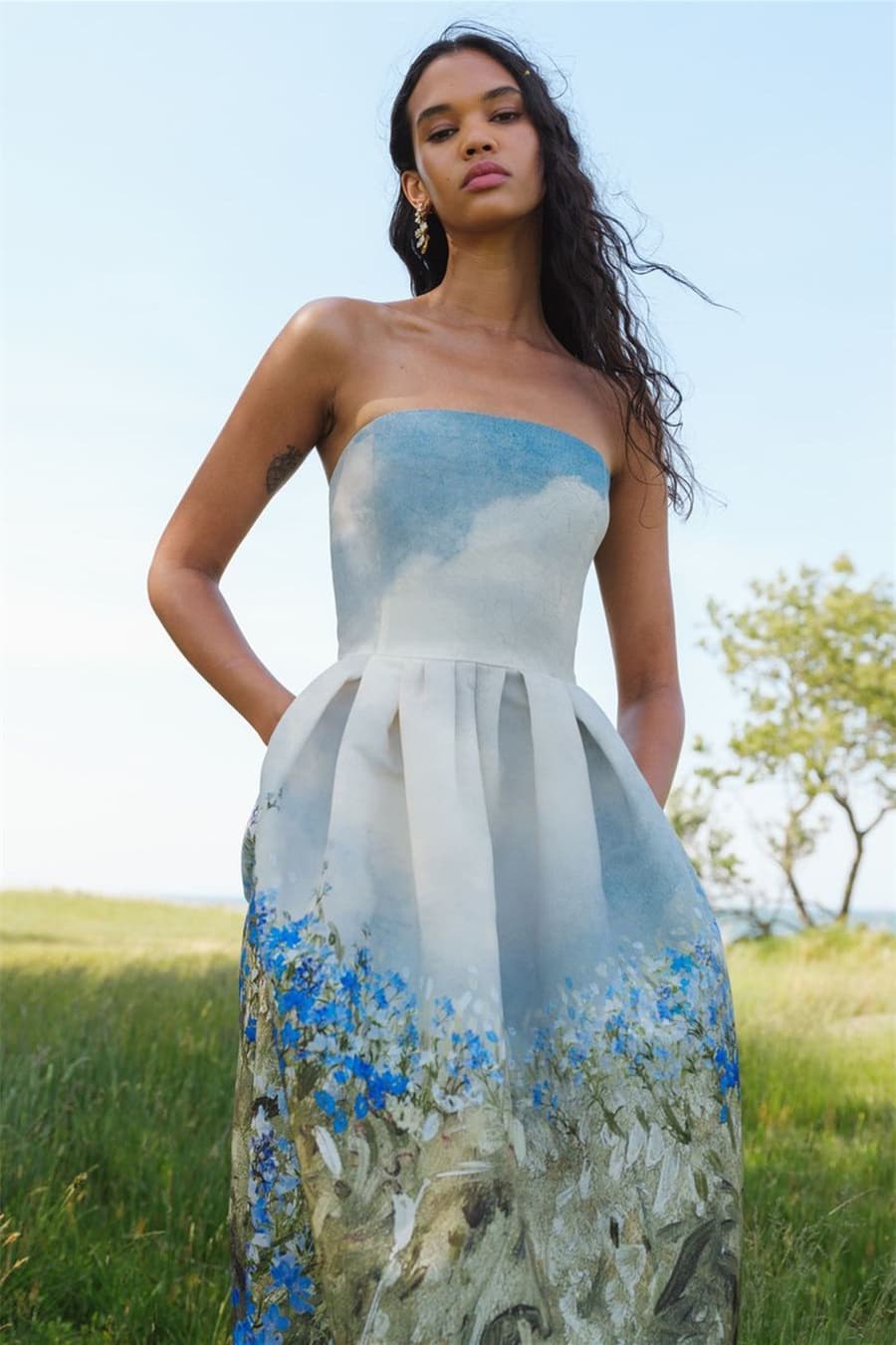 Jodie Baskılı Straplez Midi Elbise