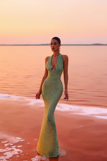 Zaira Butler Parıltılı V Yaka Yeşil Gece Elbisesi