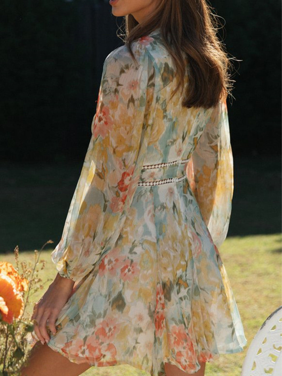 Çiçekli Karpuz Kol Mini Elbise