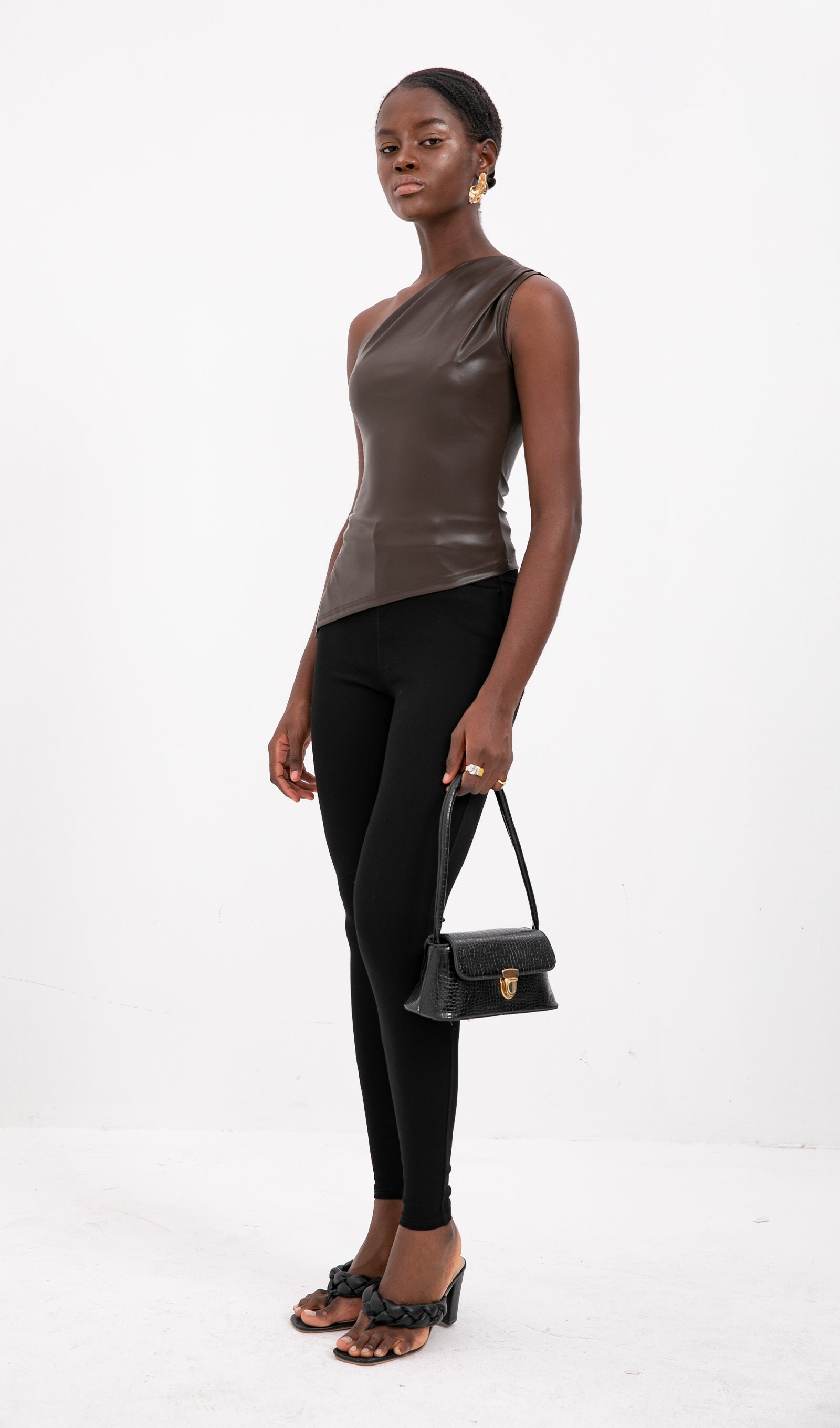 Sliess Düz Deri Asimetrik Üst-Bronz Kahve