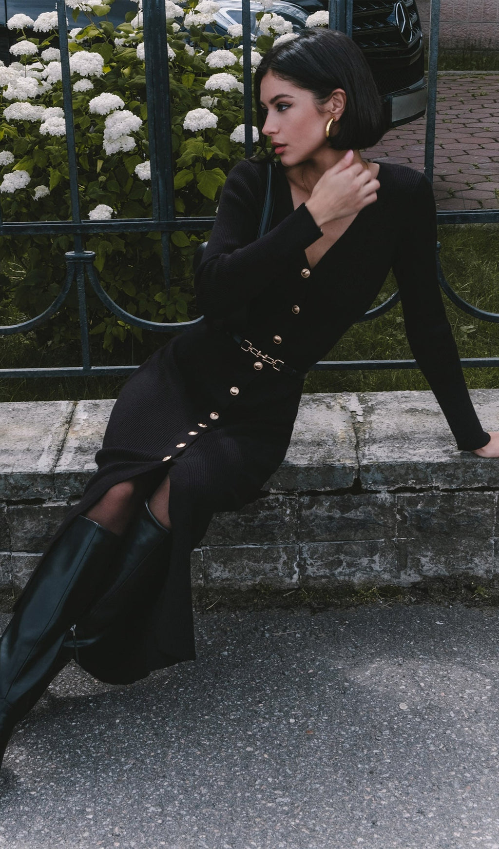 Örme V Yaka  Midi Elbise -Siyah