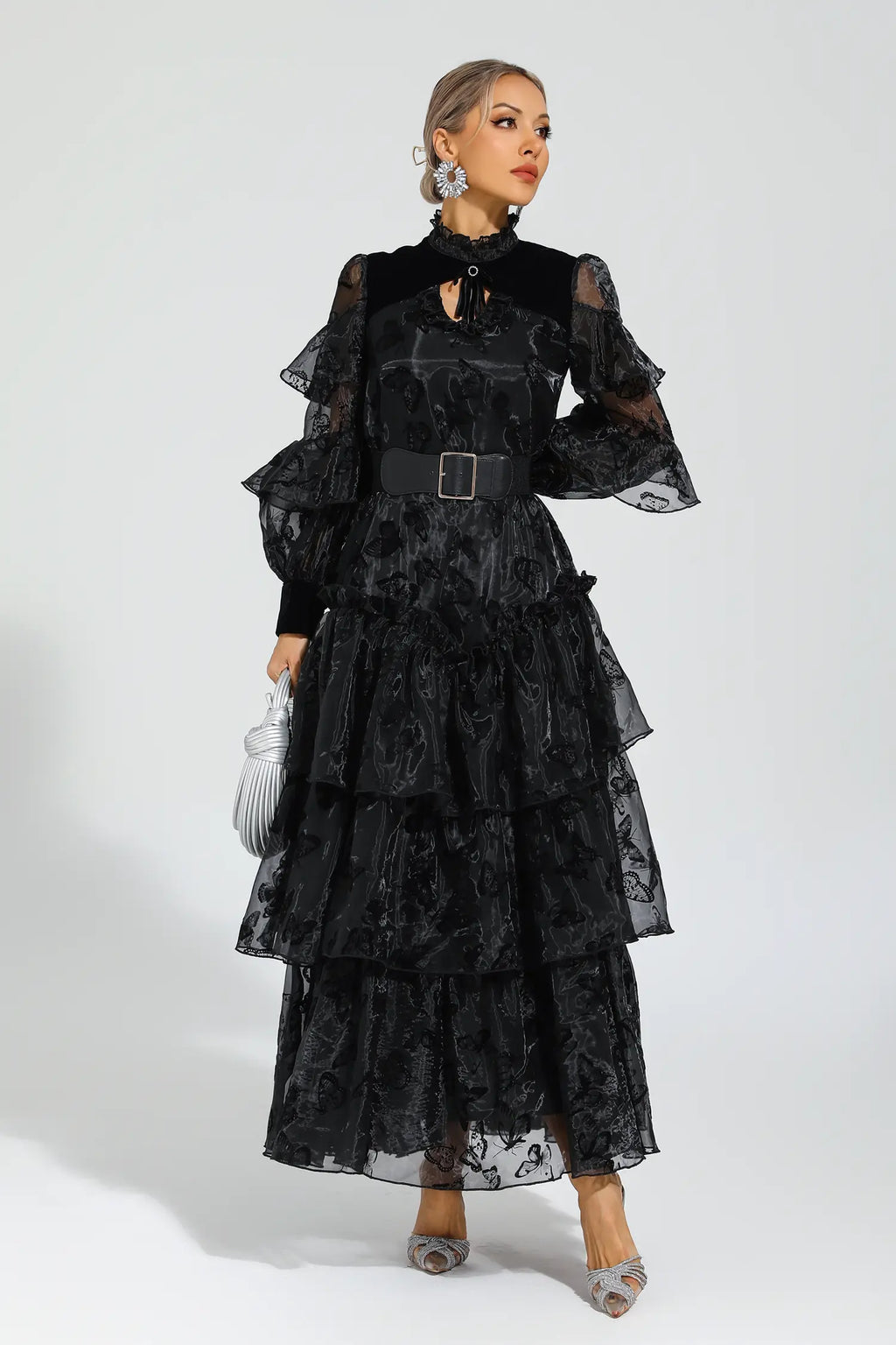 Kadife Mavisi Siyah Kuşaklı File Uzun Elbise