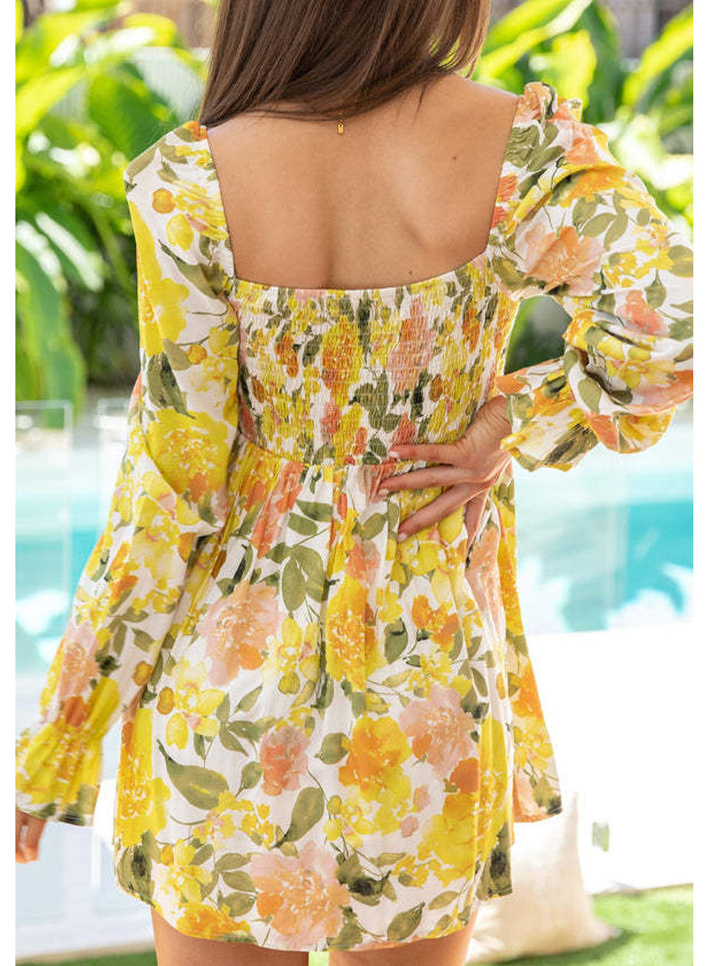 Sarı Çiçekli Uzun Kollu Mini Elbise