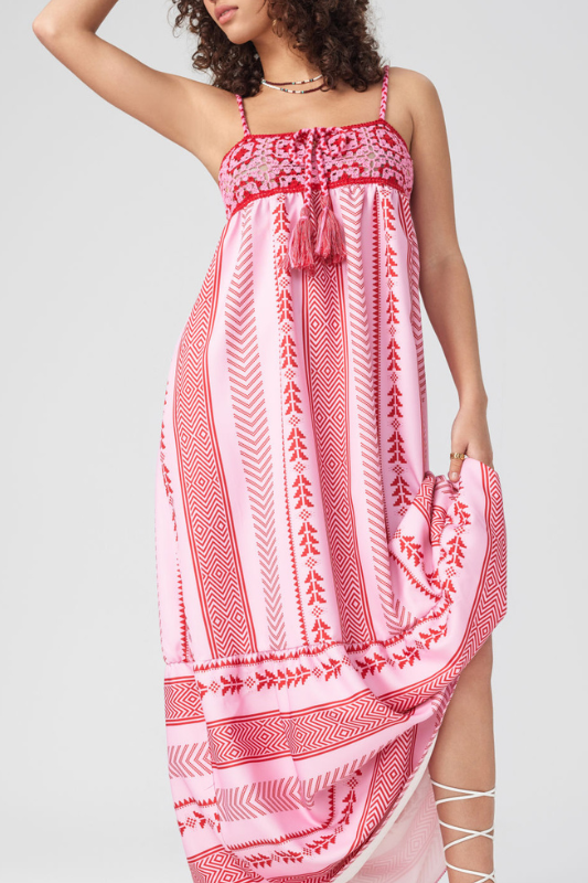 Naomi Baskılı Nakışlı Bağcıklı Cami Midi Elbise