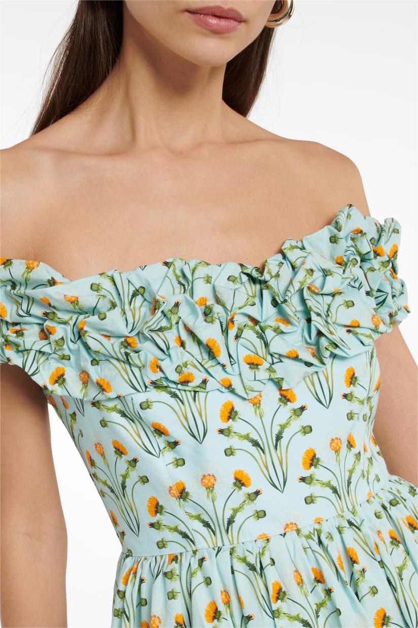 Donna Baskılı Fırfırlı Korse Düşük Omuzlu Maxi Elbise