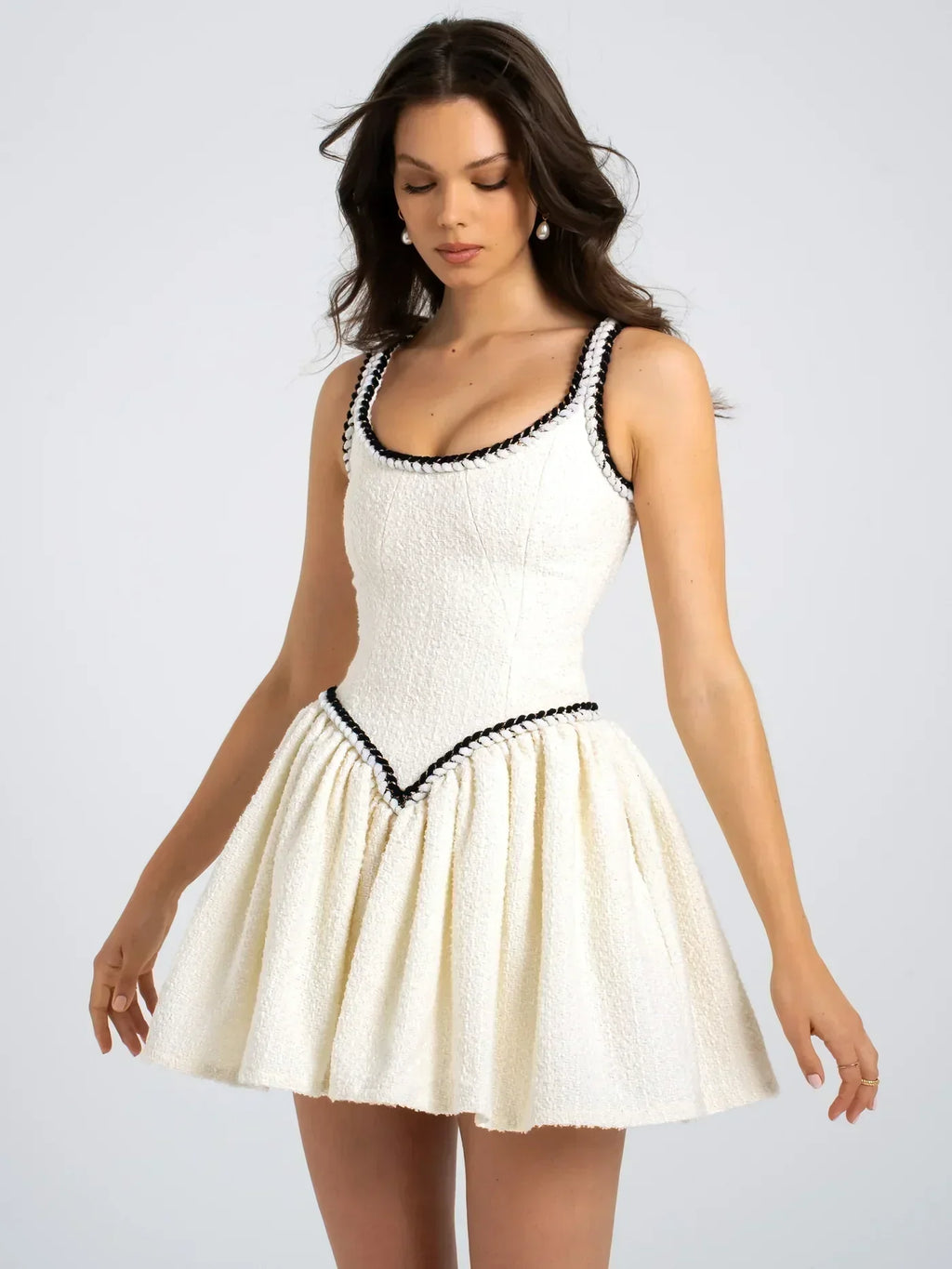 Icon Siyah Şerit Detaylı, Tüvit Görünümlü Korsajlı Mini Elbise