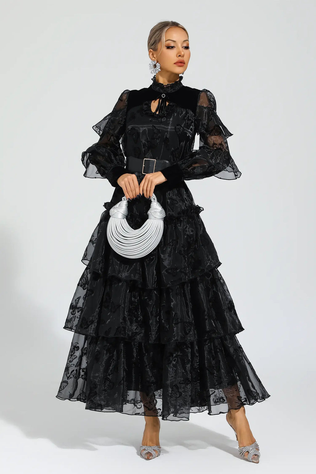 Kadife Mavisi Siyah Kuşaklı File Uzun Elbise