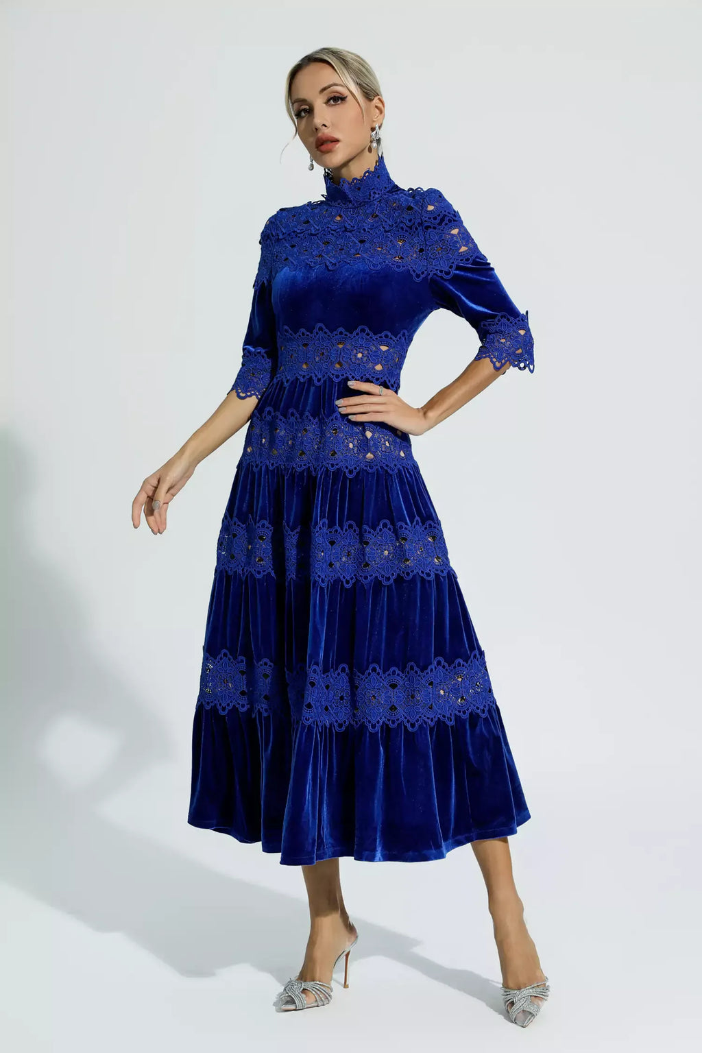 Henley Mavi Kesik Uzun Kollu Maxi Elbise