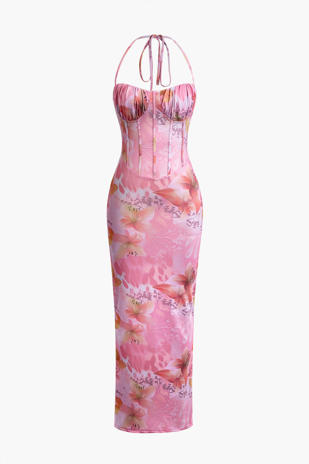 Çiçek Desenli Halter Yaka Yırtmaçlı Korse Midi Elbise