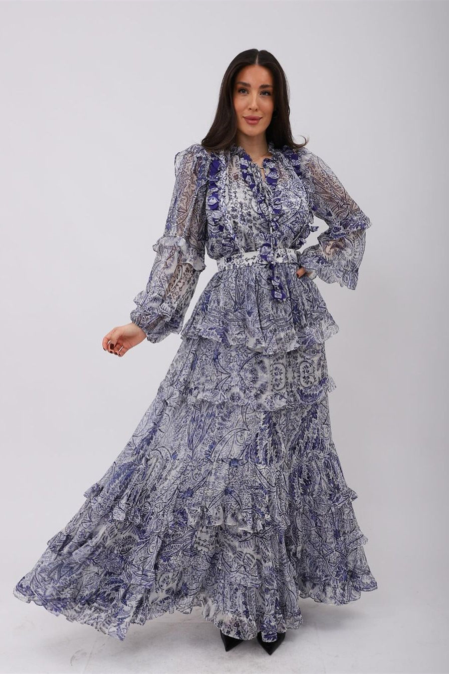 Helen Volanlı Uzun Kollu Maxi Elbise