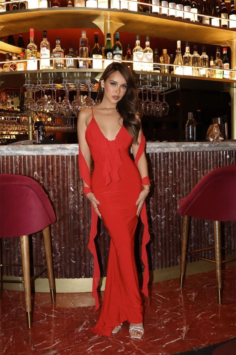 Cornelia Fırfırlı Çiçek Aplikeli Uzun Elbise