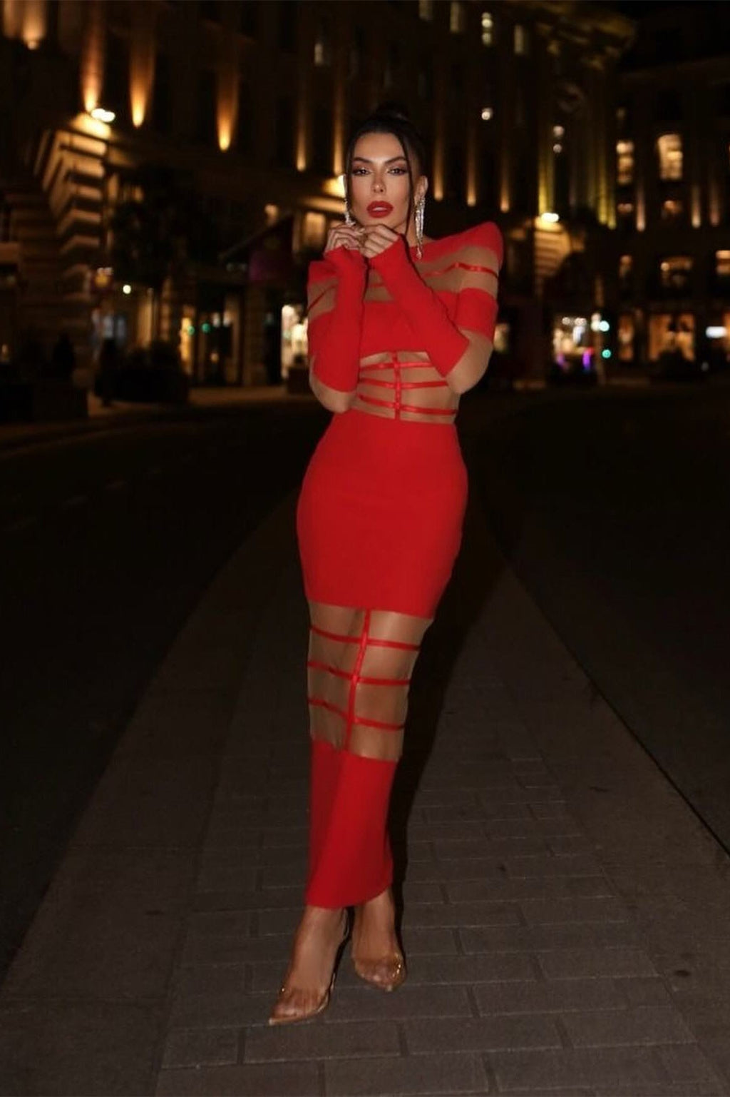 Kelly Uzun Kollu Transparan Ekose Midi Elbise