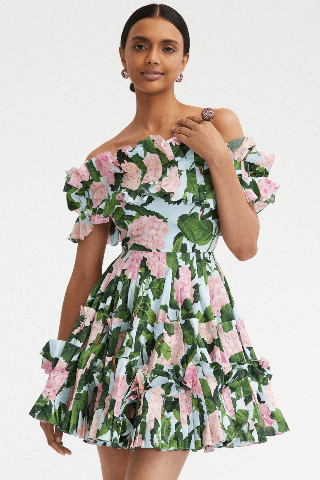 Bess Baskılı Fırfırlı Korsajlı Omuzu Açık Katlı Mini Elbise