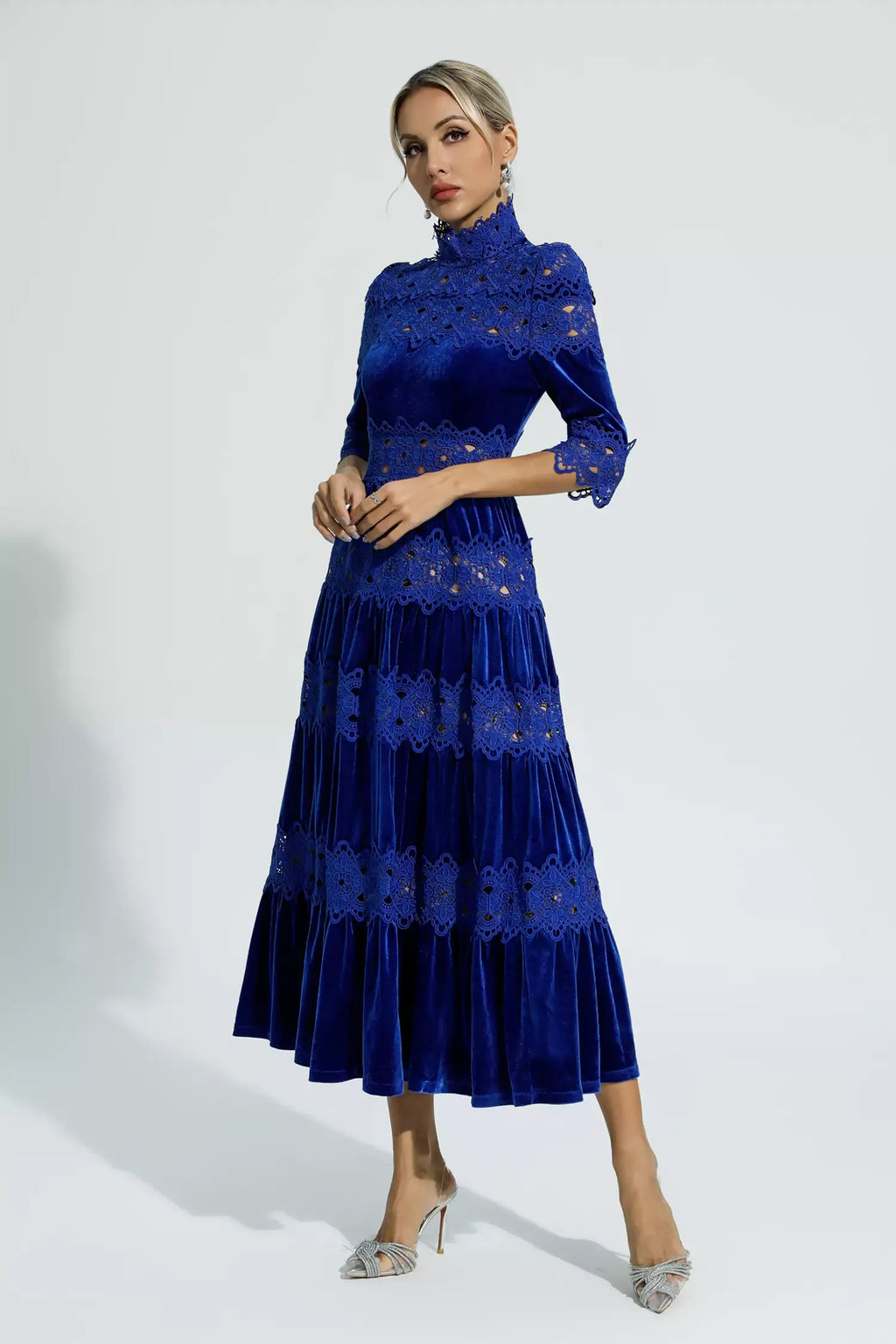 Henley Mavi Kesik Uzun Kollu Maxi Elbise