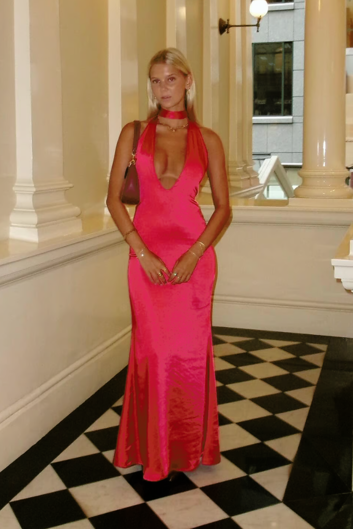 Karolina Saten Maksi - Kırmızı