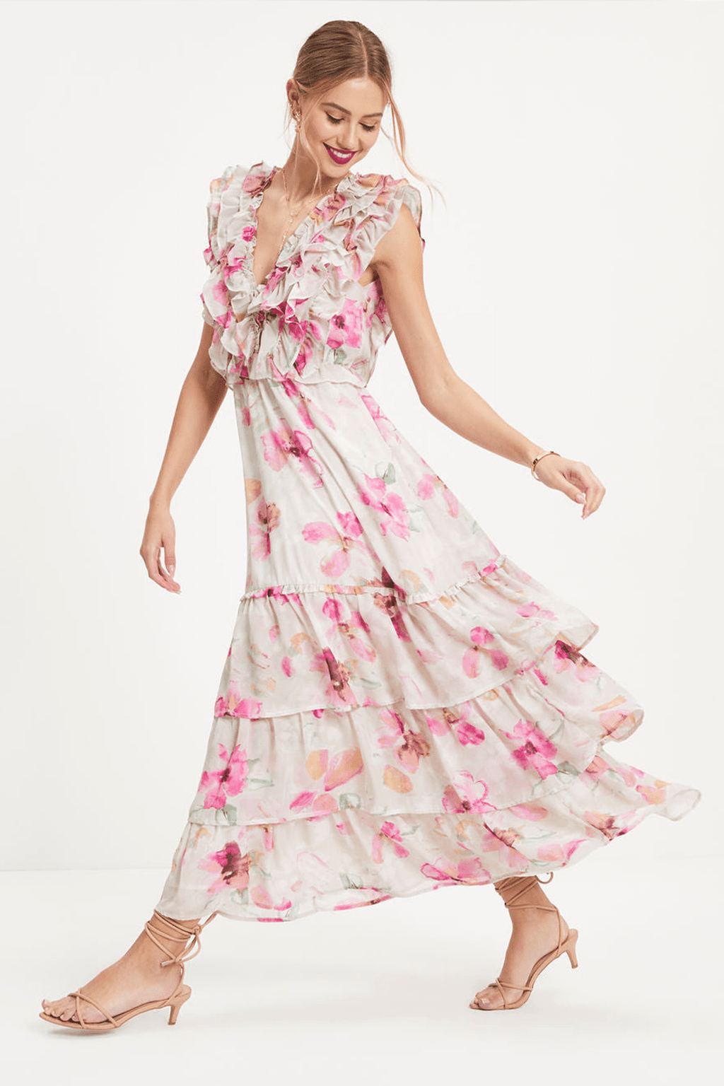 Doreen Baskılı Fırfırlı V Yaka Katlı Maxi Elbise